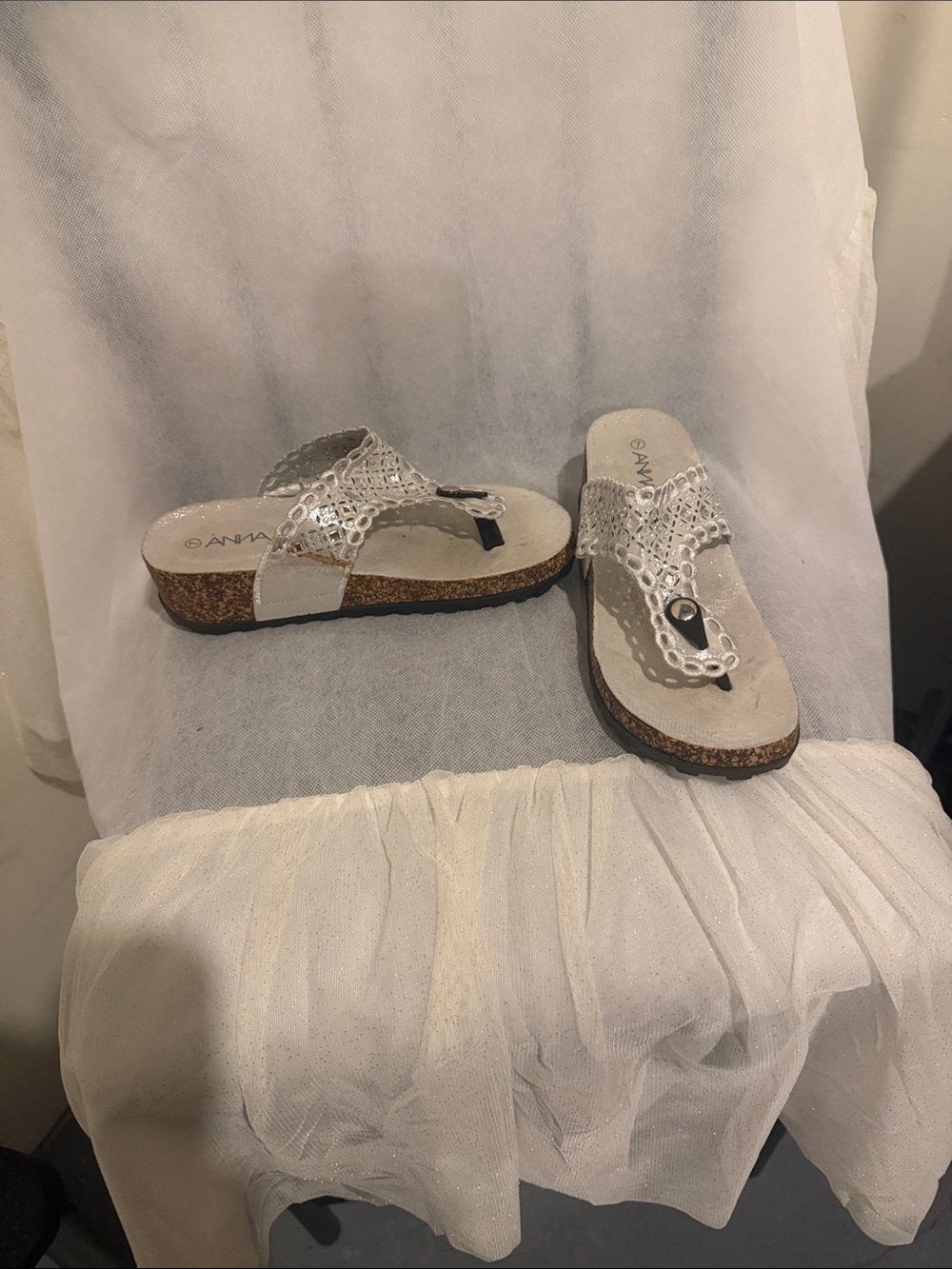 ANNA Silver Metallic Thong Sandals with Cork Sole Size 7